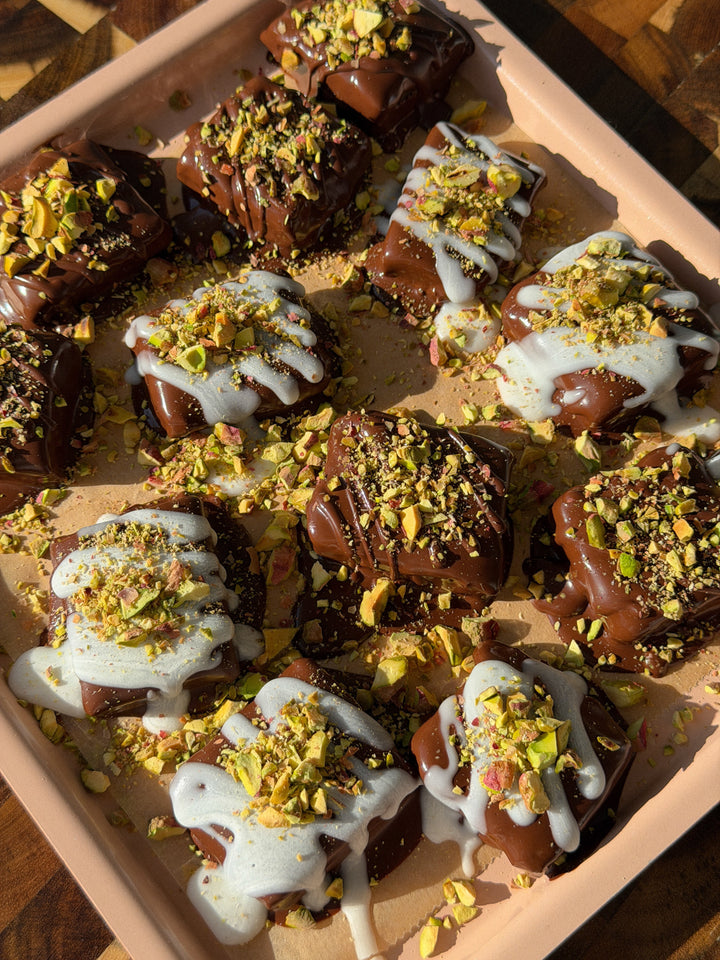 Date Caramel Bites with Coconut Manna Drizzle