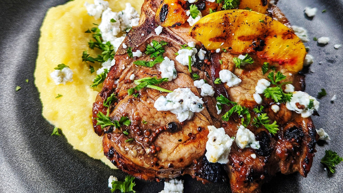 Summer Pork Chops with Grilled Peaches and Grits
