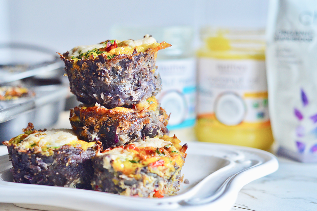 Loaded Mushroom Quiche Cups with Purple Potato Crust