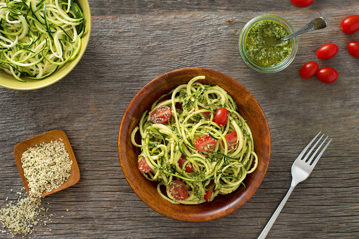 Spiral Zucchini "Spaghetti" with Basil and Hempseed Pesto