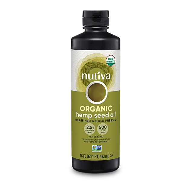 Bottle of Nutiva Organic Hemp Seed Oil on a white background