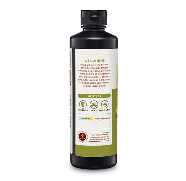 Bottle of Nutiva Hemp seed oil with label on a white background