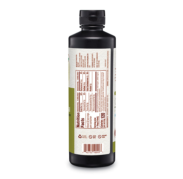 Nutiva Hemp Seed Oil bottle with label with nutritional information on a white background