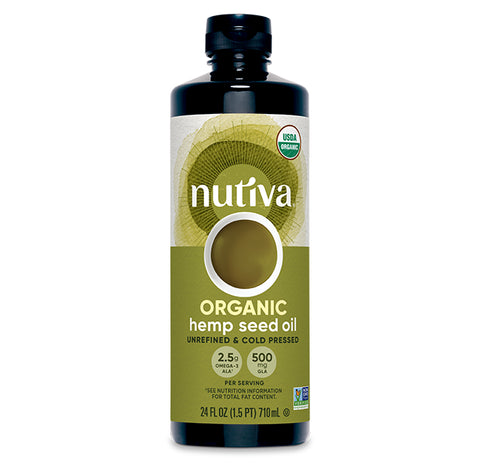 Nutiva organic hemp seed oil bottle on a white background