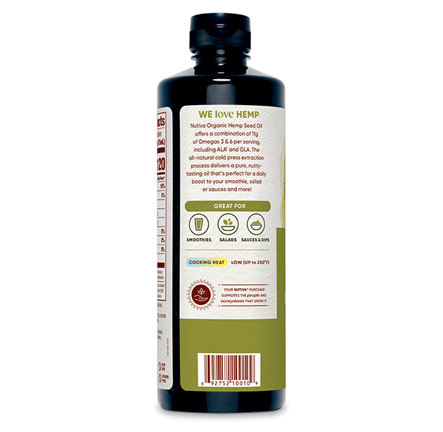 Bottle of Nutiva Organic Hemp Seed Oil with label on a white background