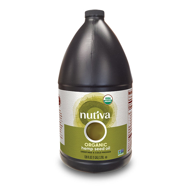 Bottle of Nutiva organic hemp seed oil on a white background